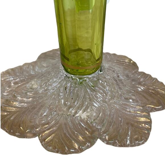 Vintage Signed Moser Art Glass Vase Ruffle Top Green Gold Gilt Good Condition - Picture 3 of 12
